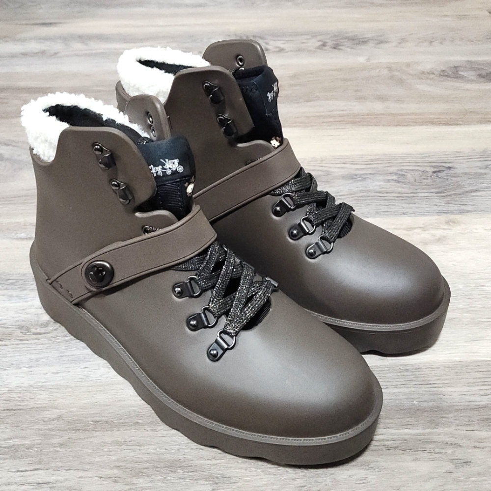 Coach Fatigue Rubber Rain Boots Size 9B Faux Shearling Lace Up Waterproof - New